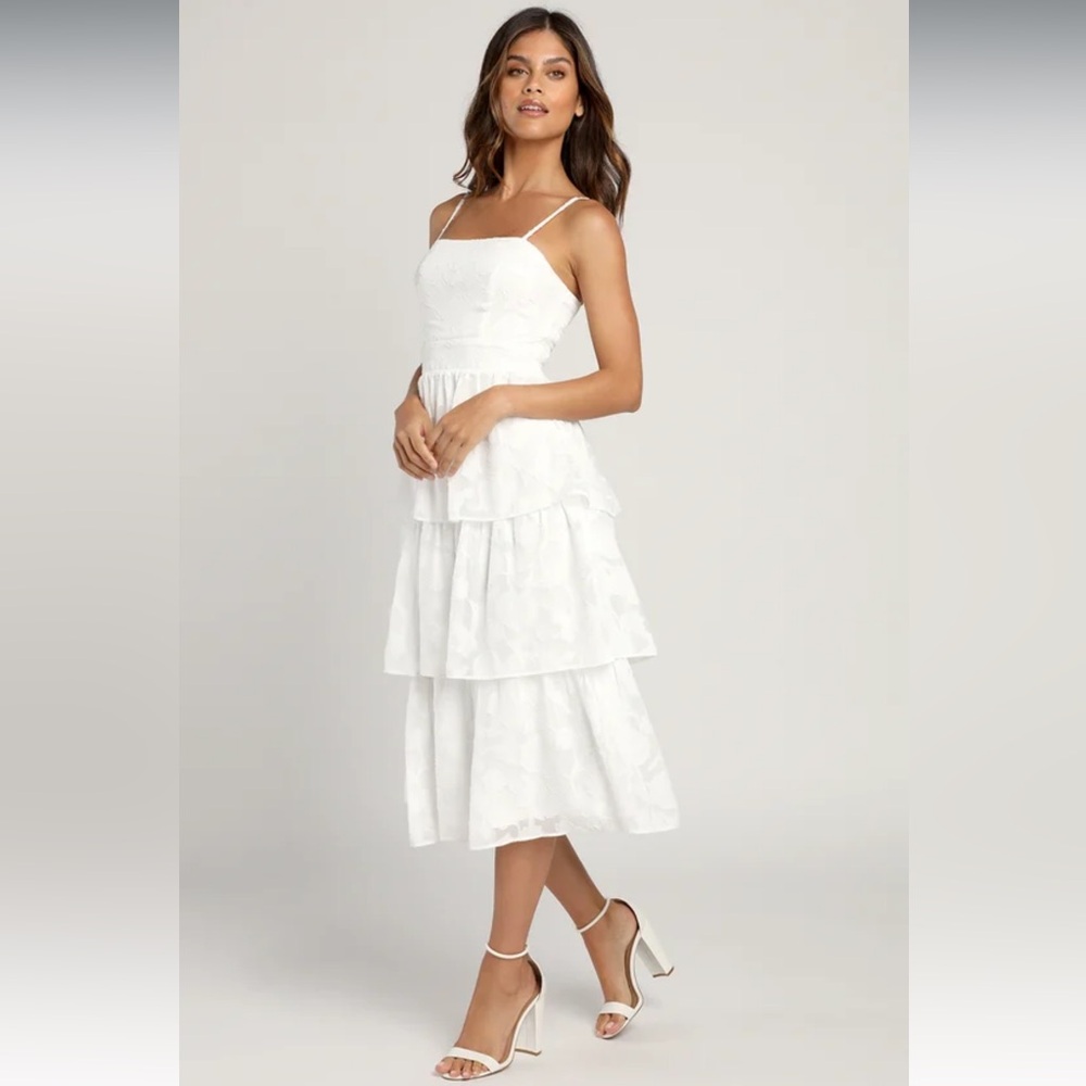 Lulus White Floral Ruffle Midi Dress